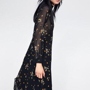 Zara Black Floral Orange Polka Dot Dress
